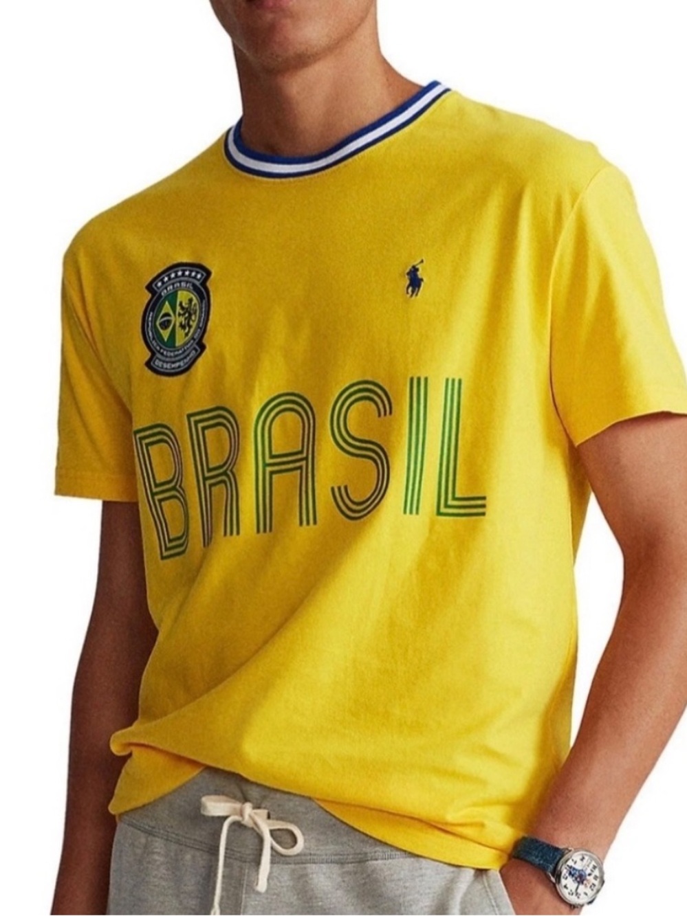 Polo Ralph Lauren Brasil Soccer Crewneck Cotton T-Shirt-Yellow-Men's Size Large